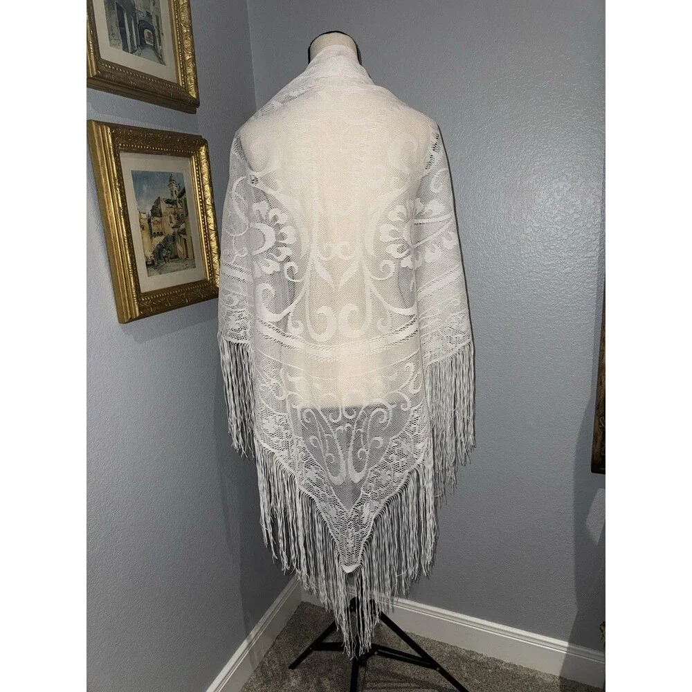 Vintage White Lace Fringe Boho Scarf 72x43” Shawl Bridal Festival Stevie Nicks
